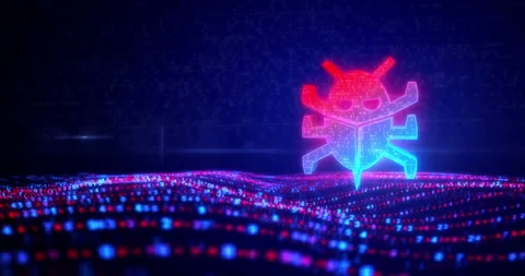 Computer bug cyber attack symbol on flowing digital waves Stock Footage 348181651