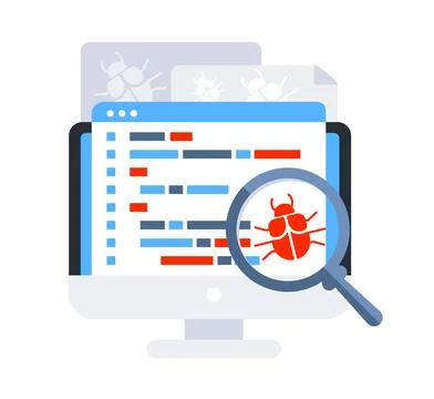 Computer bug detection. Bug error notification. System error warning. Testing Stock Illustration