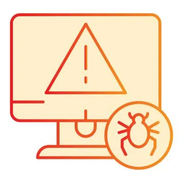 Computer with bug flat icon. Alert message on desktop orange icons in trendy 스톡 일러스트