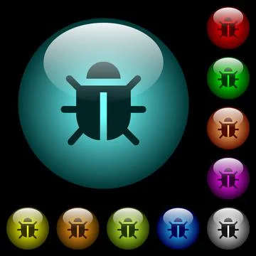 Computer bug icons in color illuminated glass buttons Stock Illustration
