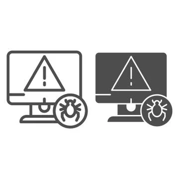 Computer with bug line and glyph icon. Alert message on desktop vector イラスト素材