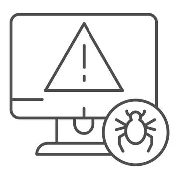Computer with bug thin line icon. Alert message on desktop vector illustration Illustrazione stock