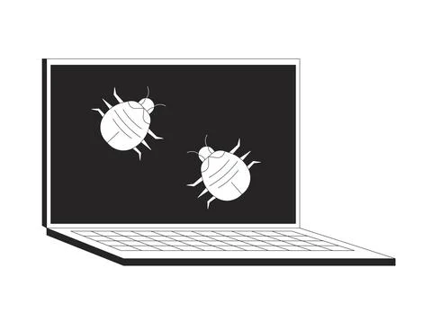 Computer bugs crawling on laptop screen 2D line object 스톡 일러스트