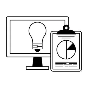 Computer with bulb light and statistics clipboard symbol in black and white Stock Illustration