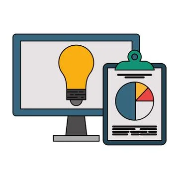 Computer with bulb light and statistics clipboard symbol Stock Illustration