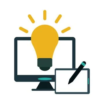 Computer with bulb light and tabler with pen Illustrazione stock