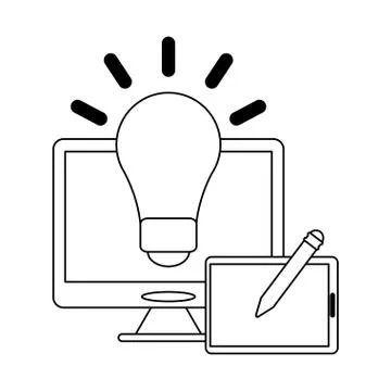 Computer with bulb light and tabler with pen black and white Stock Illustration