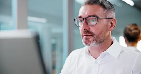 Computer, burnout and man with stress in office, eye strain or tired with tax Stock Footage 341434502