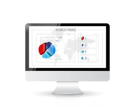 Computer with business finance graphics on screen. illustration design over w Stockillustratie