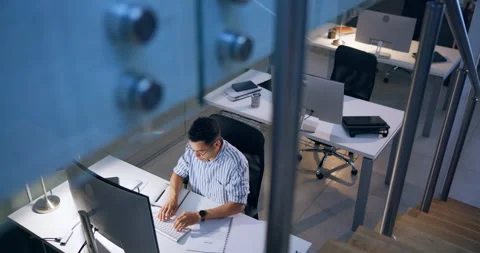 Computer, business man and typing for research, info and online report at night Stock Footage 286184357