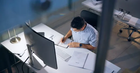 Computer, business man or writing notes for research, info or online report. Top Stock Footage 286183877