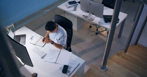 Computer, business man or writing in notebook for research and online report at Stock Footage 286184011