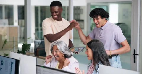 Computer, business people and high five in office for success, fist pump or clap Stock Footage 335800617