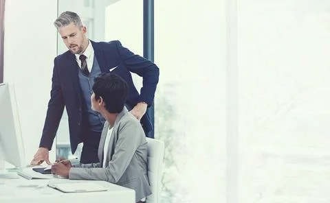 Computer, business people and training with mentor for help in office, plan.. 写真素材