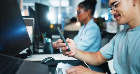 Computer, businessman and programmer with mobile in office, coding software and Foto stock