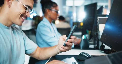 Computer, businessman and programmer with smartphone in office, coding software 写真素材