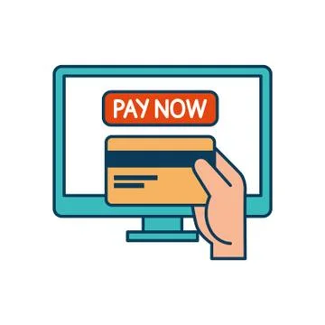 Computer with button pay now and credit card 스톡 일러스트