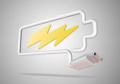 Computer cable and plug makes battery logo with lightening bolt icon Illustrazione stock