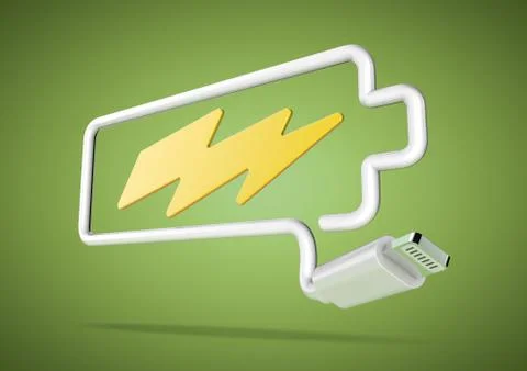 Computer cable on bright green background makes battery and lightening bolt icon Illustrazione stock