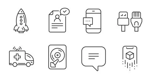 Computer cables, Augmented reality and Ambulance car icons set. Resume document Stock Illustration