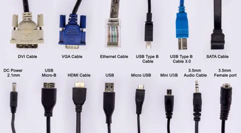 Computer cables with different connectors for network and data connection iso Stock Photos
