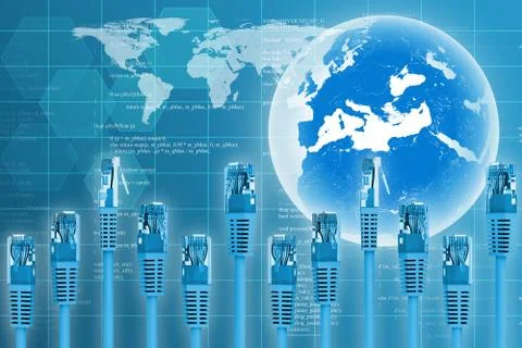 Computer cables with Earth and world map Illustrazione stock