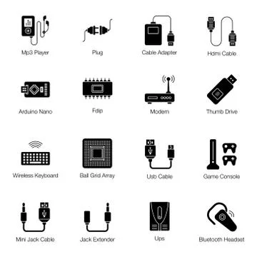 Computer Cables Glyph Icons Pack Stock Illustration