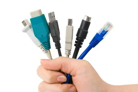 Computer cables in hand Computer cables in hand isolated on white backgrou... Stock Photos