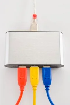 Computer Cables Orderly Plugged Into A Router Stock Photos