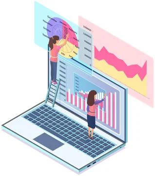 Computer with calculation and report financial chart on screen. Women analyze 스톡 일러스트