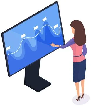 Computer with calculator and report, financial chart. Woman analyzes statistical Illustrazione stock