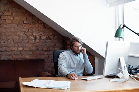 Computer, call and business man in home office for contact, negotiation and Stock Photos