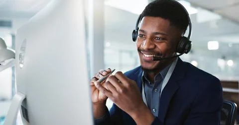 Computer, call center and black man talking, telemarketing and technical support Stock Photos
