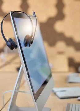 Computer, call center and empty office for telecom, virtual communication or Stock Photos