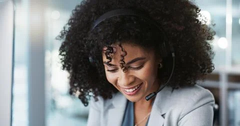 Computer, call center and funny woman talking in customer service, tech support Stock Photos