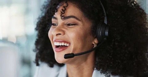 Computer, call center and funny woman in customer service, tech support and talk Stock Photos