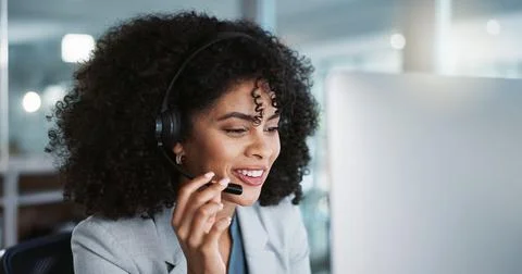 Computer, call center and funny woman talking in customer service, tech support Stock Photos