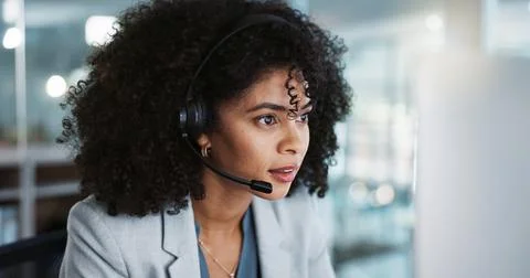 Computer, call center and funny woman in customer service, tech support and talk Stock Photos