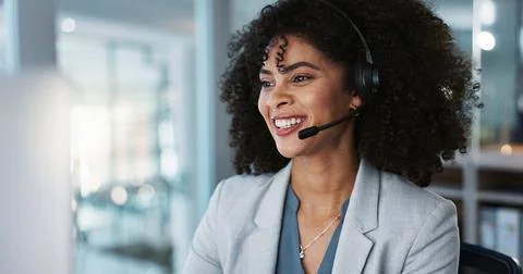 Computer, call center and funny woman in customer service, tech support and talk Stock Photos