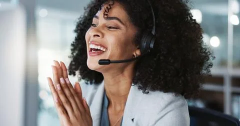Computer, call center and funny woman in customer service, tech support and talk Stock Photos