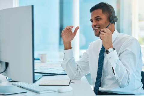 Computer, call center and man telemarketing, happy and help desk support in Stock Photos