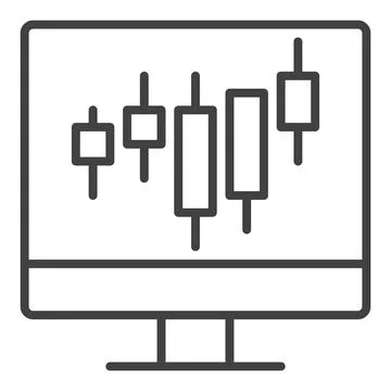 Computer with Candlestick Trading Chart vector icon or sign in thin line styl Illustrazione stock