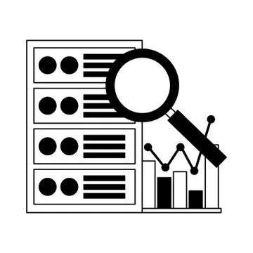 Computer case chart and magnifying glass Illustrazione stock