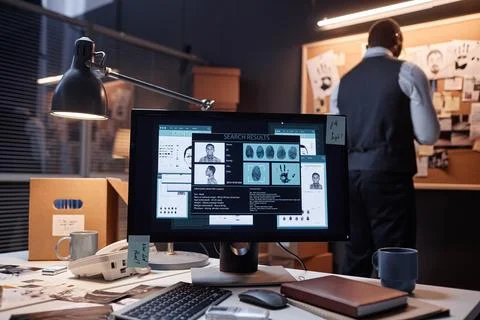 Computer with case file on screen in detectives office Stock Photos