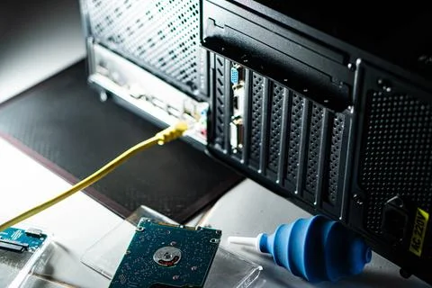 Computer case with open side panel and internal components Stock Photos