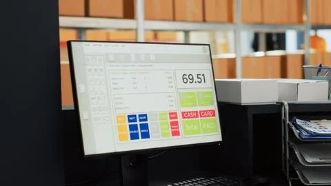 Computer with cash app in empty storehouse space Foto stock