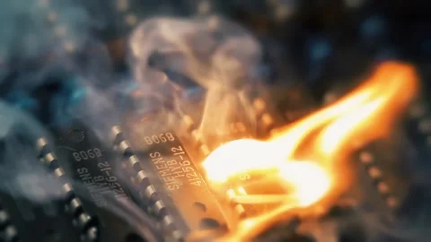 The computer caught fire. Overheating concept. Short circuit pattern. Stock Footage 133360783