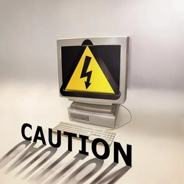 Computer, caution graphic and broken screen with warning and network with Stock Photos
