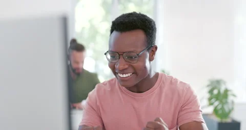 Computer, celebration and excited black man happy for ERP software, cyber Stock Footage 231481405