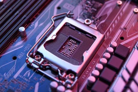 Computer Central Processor socket on motherboard and electronical components 스톡 사진